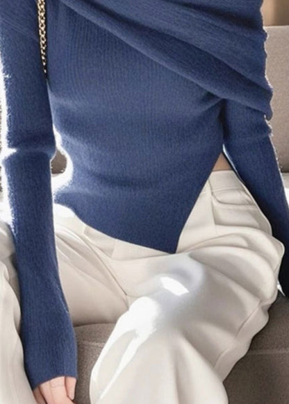 French Blue Slash Neck Asymmetrical Knit Sweaters Spring To016