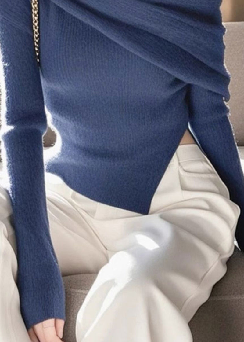 French Blue Slash Neck Asymmetrical Knit Sweaters Spring To016