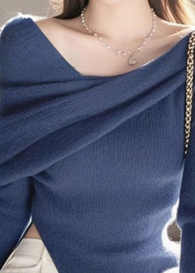 French Blue Slash Neck Asymmetrical Knit Sweaters Spring To016