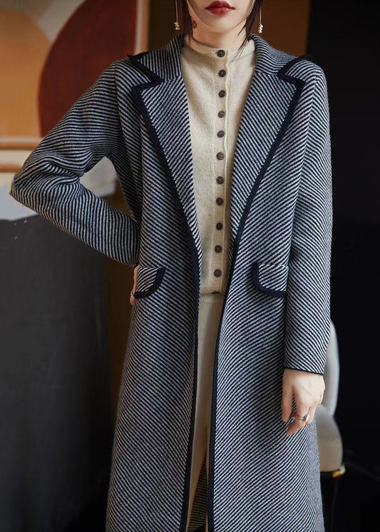 French Blue Striped Pockets Woolen Coats Fall Ab1042