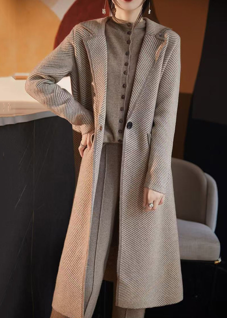 French Blue Striped Pockets Woolen Coats Fall Ab1042