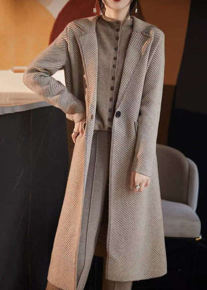 French Blue Striped Pockets Woolen Coats Fall Ab1042
