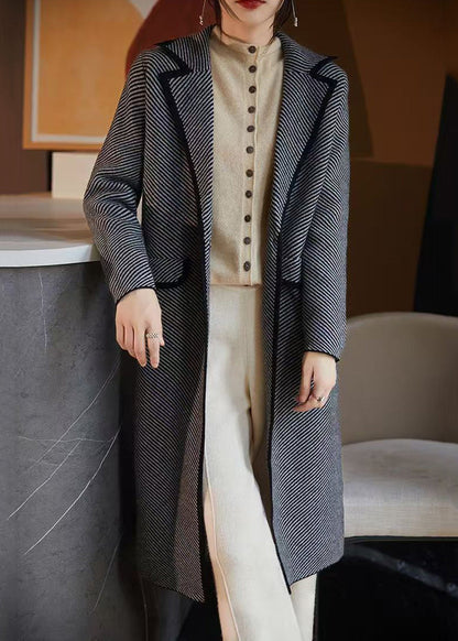French Blue Striped Pockets Woolen Coats Fall Ab1042