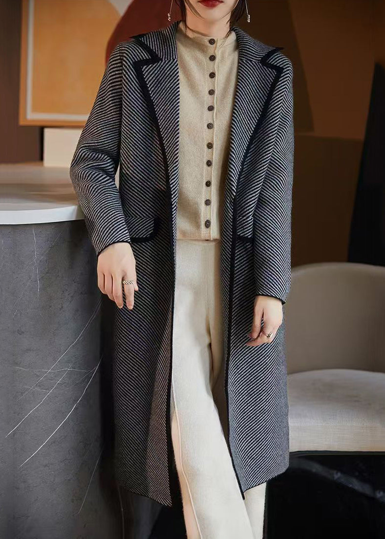 French Blue Striped Pockets Woolen Coats Fall Ab1042