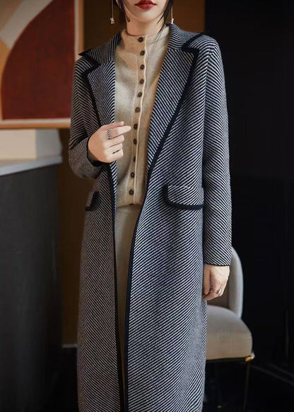 French Blue Striped Pockets Woolen Coats Fall Ab1042