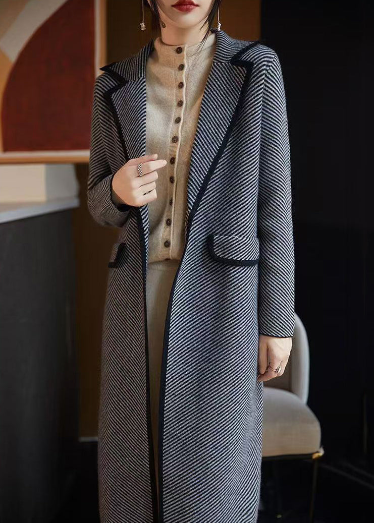 French Blue Striped Pockets Woolen Coats Fall Ab1042