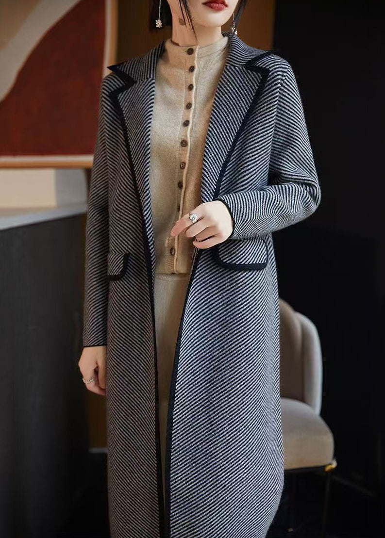 French Blue Striped Pockets Woolen Coats Fall Ab1042