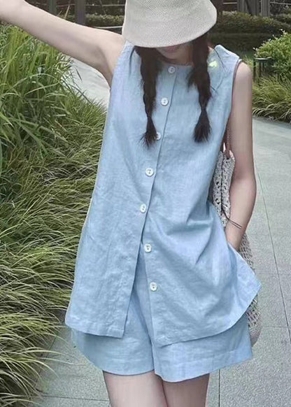French Blue Tops and Shorts Linen Two Piece Set Summer Qk026