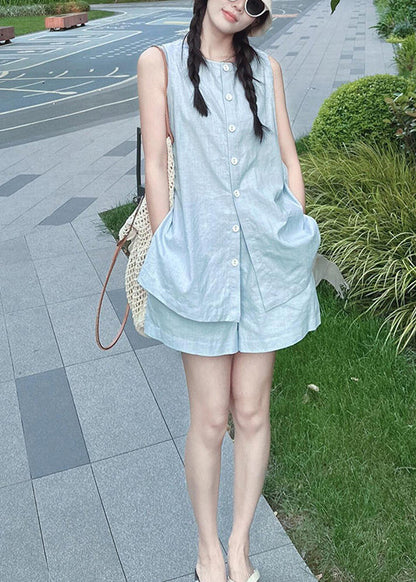 French Blue Tops and Shorts Linen Two Piece Set Summer Qk026