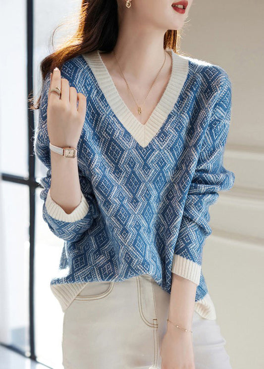 French Blue V Neck Plaid Cozy Knit Sweater Spring Tf011