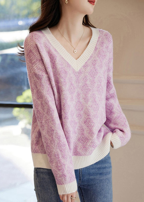 French Blue V Neck Plaid Cozy Knit Sweater Spring Tf011