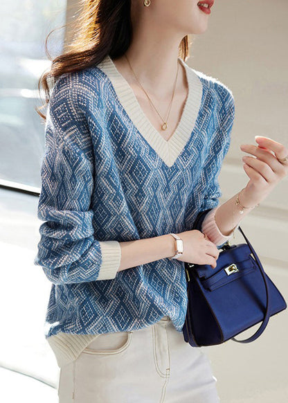 French Blue V Neck Plaid Cozy Knit Sweater Spring Tf011