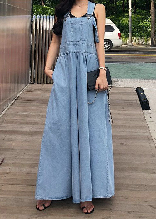 French Blue Wrinkled Patchwork Denim Long Dress Sleeveless Ly1340
