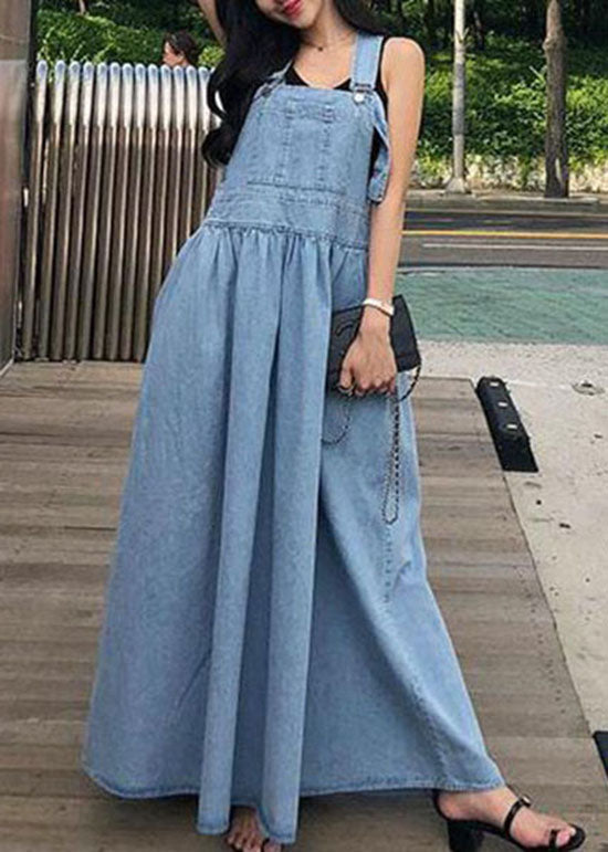 French Blue Wrinkled Patchwork Denim Long Dress Sleeveless Ly1340