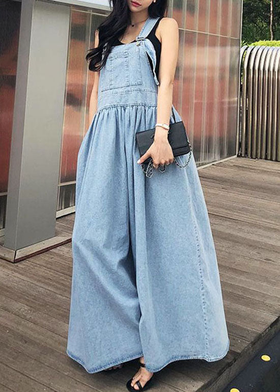 French Blue Wrinkled Patchwork Denim Long Dress Sleeveless Ly1340