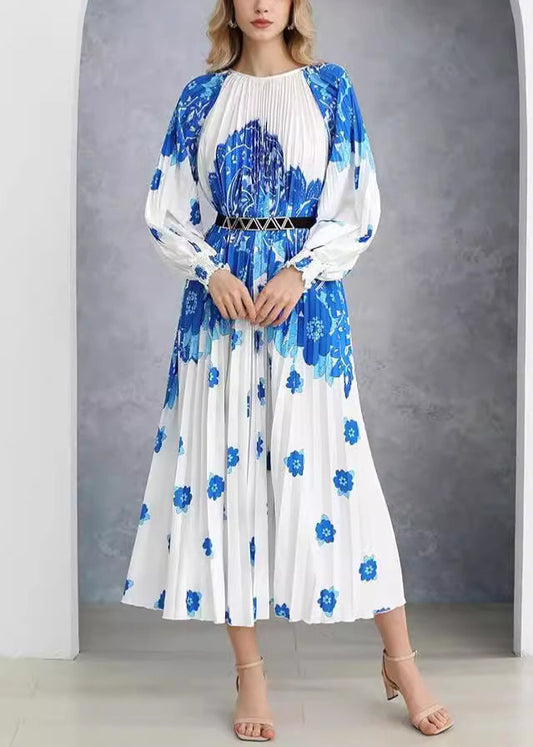 French Blue Wrinkled Print Cotton Long Dress Au1020