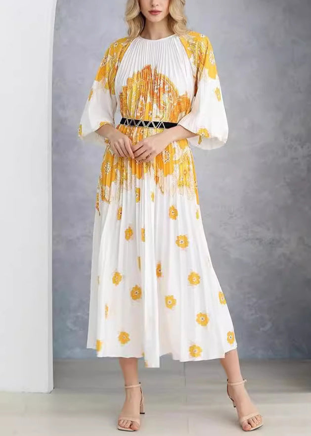 French Blue Wrinkled Print Cotton Long Dress Au1020