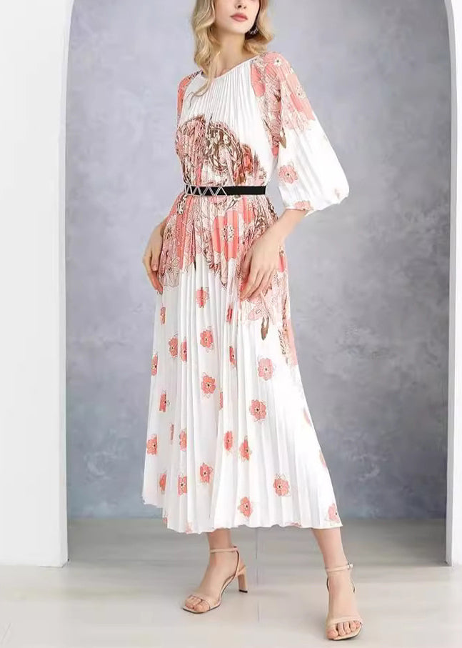 French Blue Wrinkled Print Cotton Long Dress Au1020