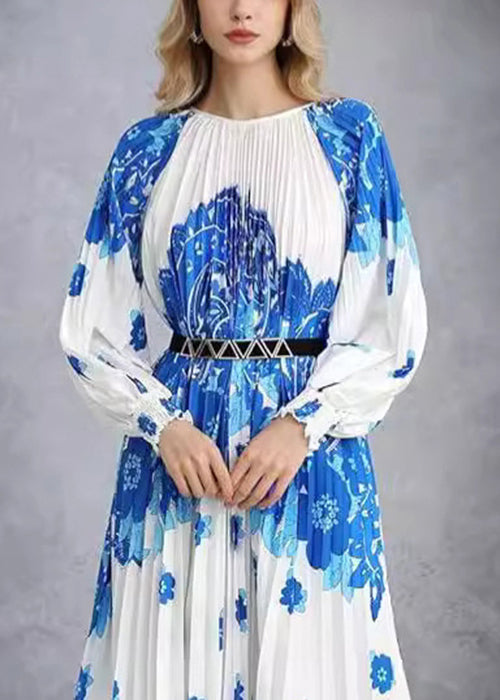 French Blue Wrinkled Print Cotton Long Dress Au1020
