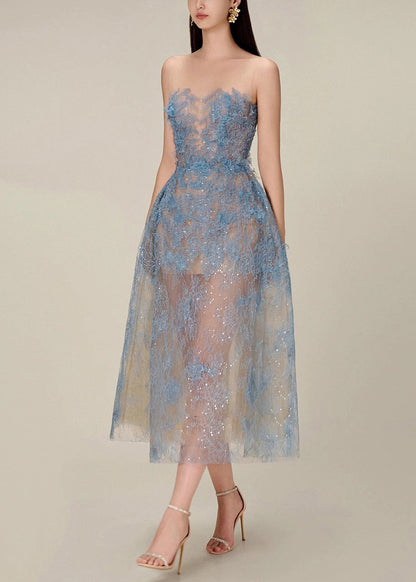 French Blue Zippered Lace Sequins Tulle Long Dress Sleeveless Kk016