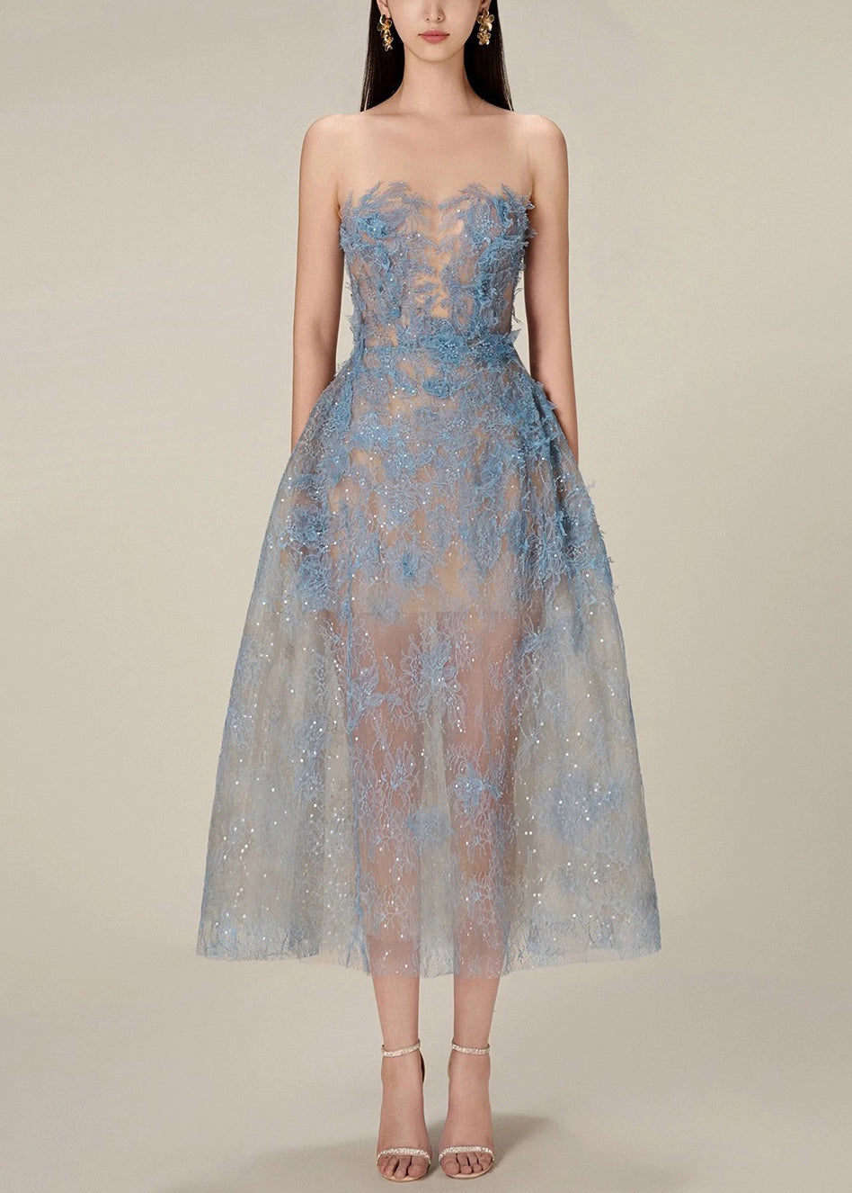 French Blue Zippered Lace Sequins Tulle Long Dress Sleeveless Kk016