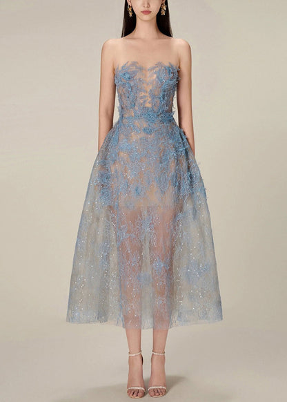 French Blue Zippered Lace Sequins Tulle Long Dress Sleeveless Kk016
