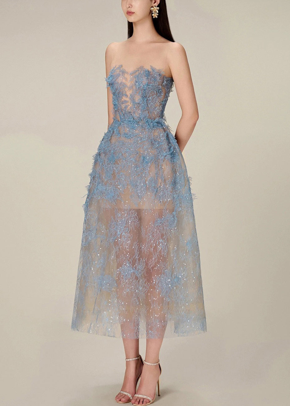 French Blue Zippered Lace Sequins Tulle Long Dress Sleeveless Kk016