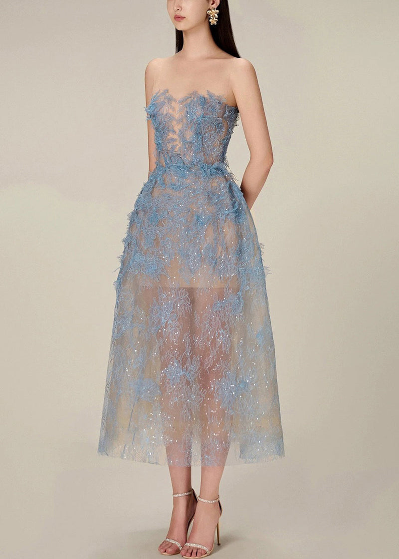 French Blue Zippered Lace Sequins Tulle Long Dress Sleeveless Kk016