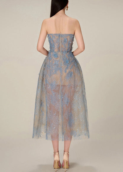 French Blue Zippered Lace Sequins Tulle Long Dress Sleeveless Kk016