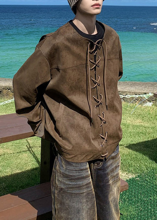 French Brown O Neck Lace Up Faux Suede Coats Fall Wj020