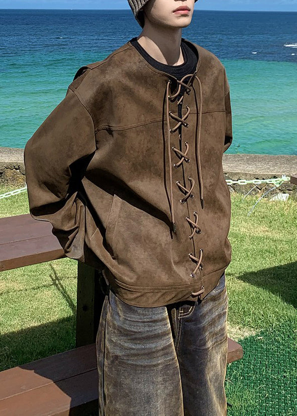 French Brown O Neck Lace Up Faux Suede Coats Fall Wj020