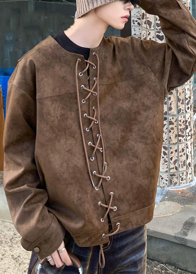 French Brown O Neck Lace Up Faux Suede Coats Fall Wj020