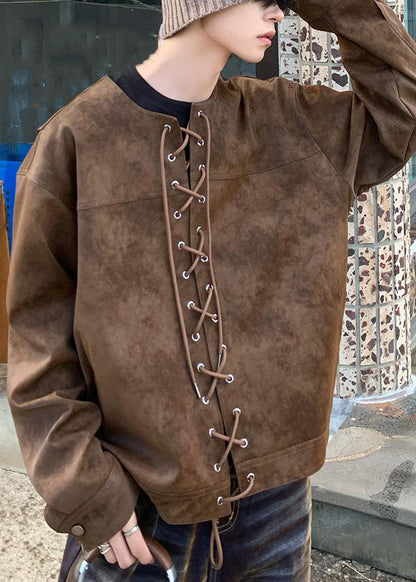 French Brown O Neck Lace Up Faux Suede Coats Fall Wj020