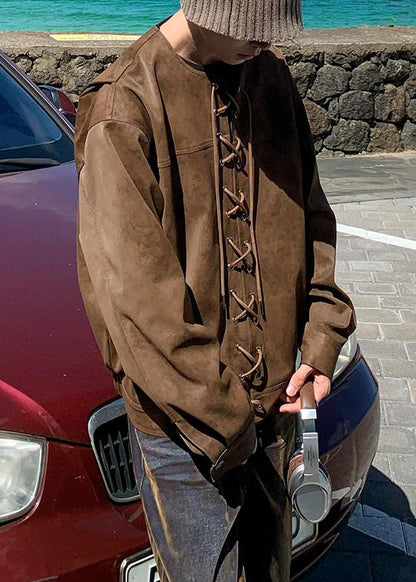 French Brown O Neck Lace Up Faux Suede Coats Fall Wj020