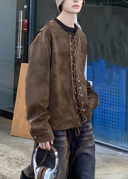 French Brown O Neck Lace Up Faux Suede Coats Fall Wj020