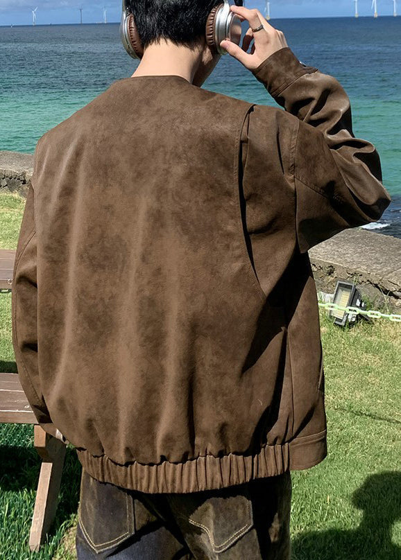 French Brown O Neck Lace Up Faux Suede Coats Fall Wj020