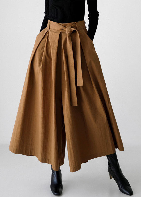 French Brown Pockets High Waist Cotton Wide Leg Pants Spring Tz033