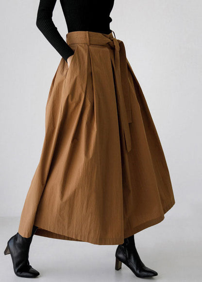 French Brown Pockets High Waist Cotton Wide Leg Pants Spring Tz033