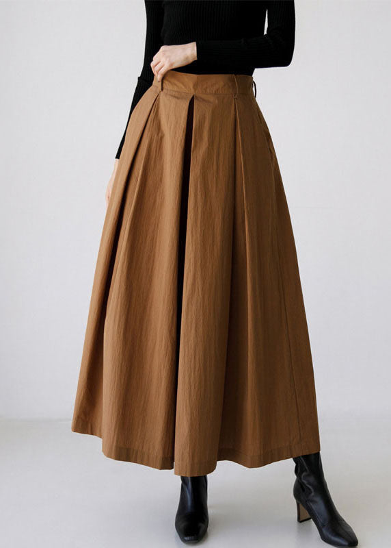 French Brown Pockets High Waist Cotton Wide Leg Pants Spring Tz033