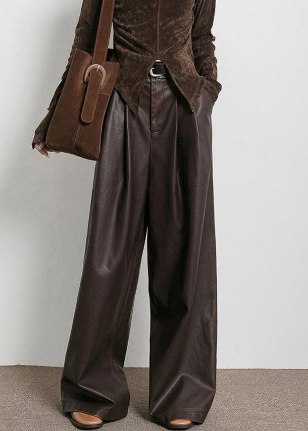 French Brown Pockets High Waist Faux Leather Pants Fall Aw1013