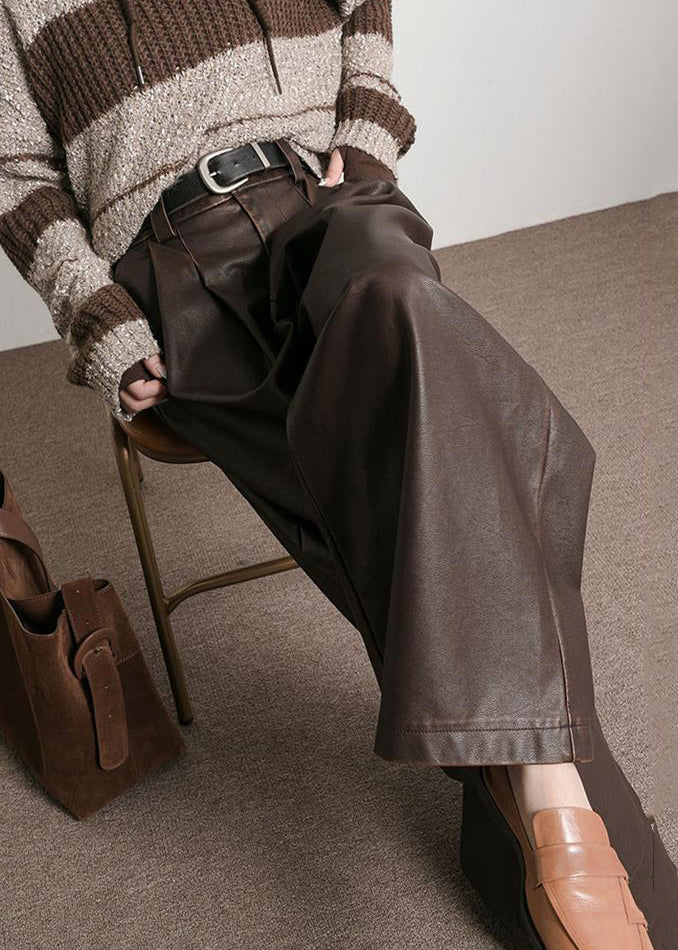 French Brown Pockets High Waist Faux Leather Pants Fall Aw1013