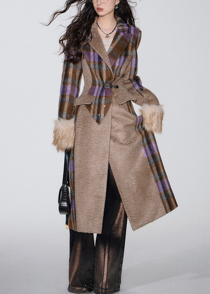 French Brown Pockets Patchwork Woolen Long Coat Winter Wy016