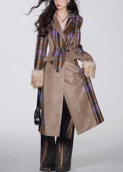 French Brown Pockets Patchwork Woolen Long Coat Winter Wy016