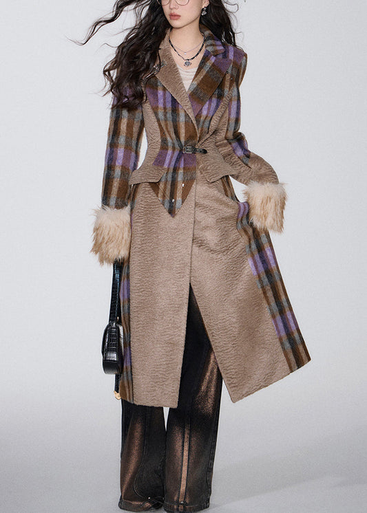 French Brown Pockets Patchwork Woolen Long Coat Winter Wy016