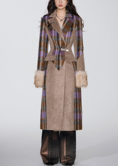 French Brown Pockets Patchwork Woolen Long Coat Winter Wy016