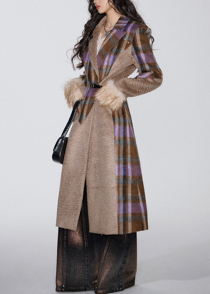 French Brown Pockets Patchwork Woolen Long Coat Winter Wy016