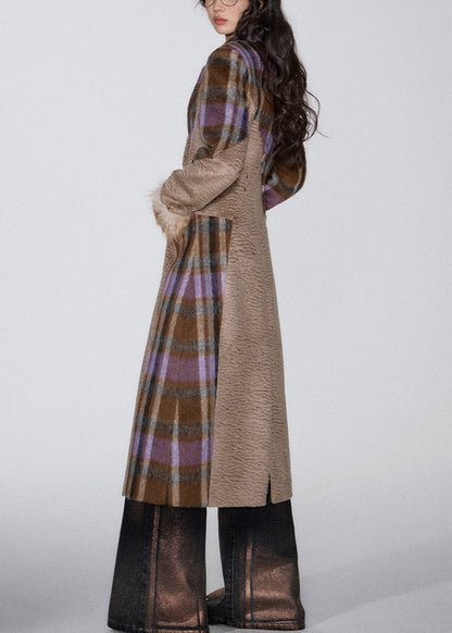 French Brown Pockets Patchwork Woolen Long Coat Winter Wy016