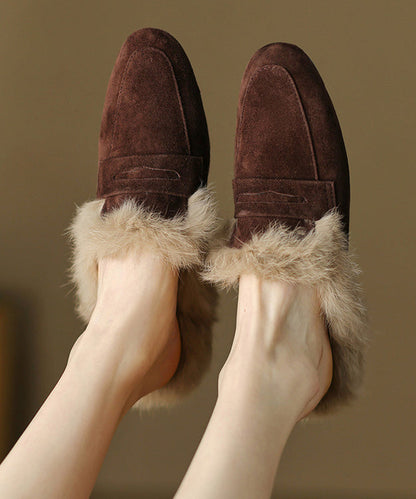 French Brown Suede Splicing Slippers Shoes Fuzzy Wool Lined Yc011