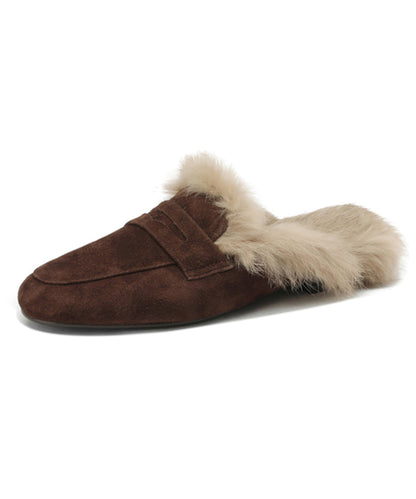 French Brown Suede Splicing Slippers Shoes Fuzzy Wool Lined Yc011