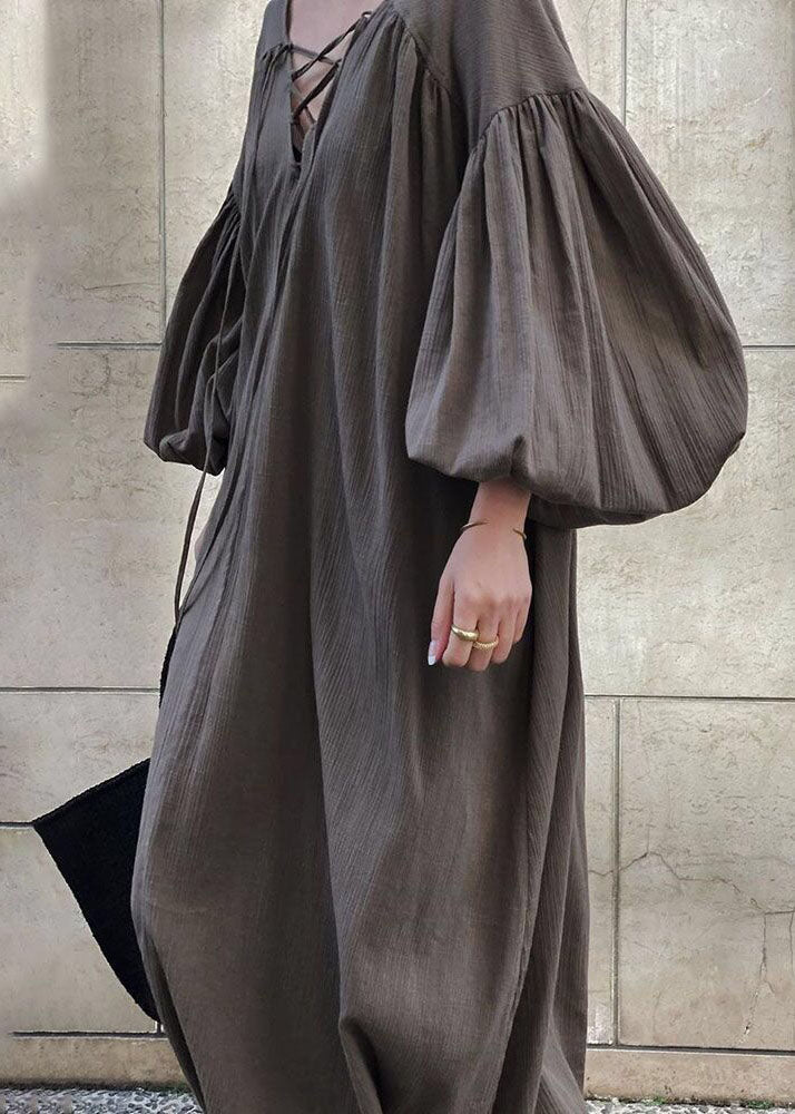 French Brown V Neck Backless Lace Up Cotton Long Dress Lantern Sleeve Ly1368